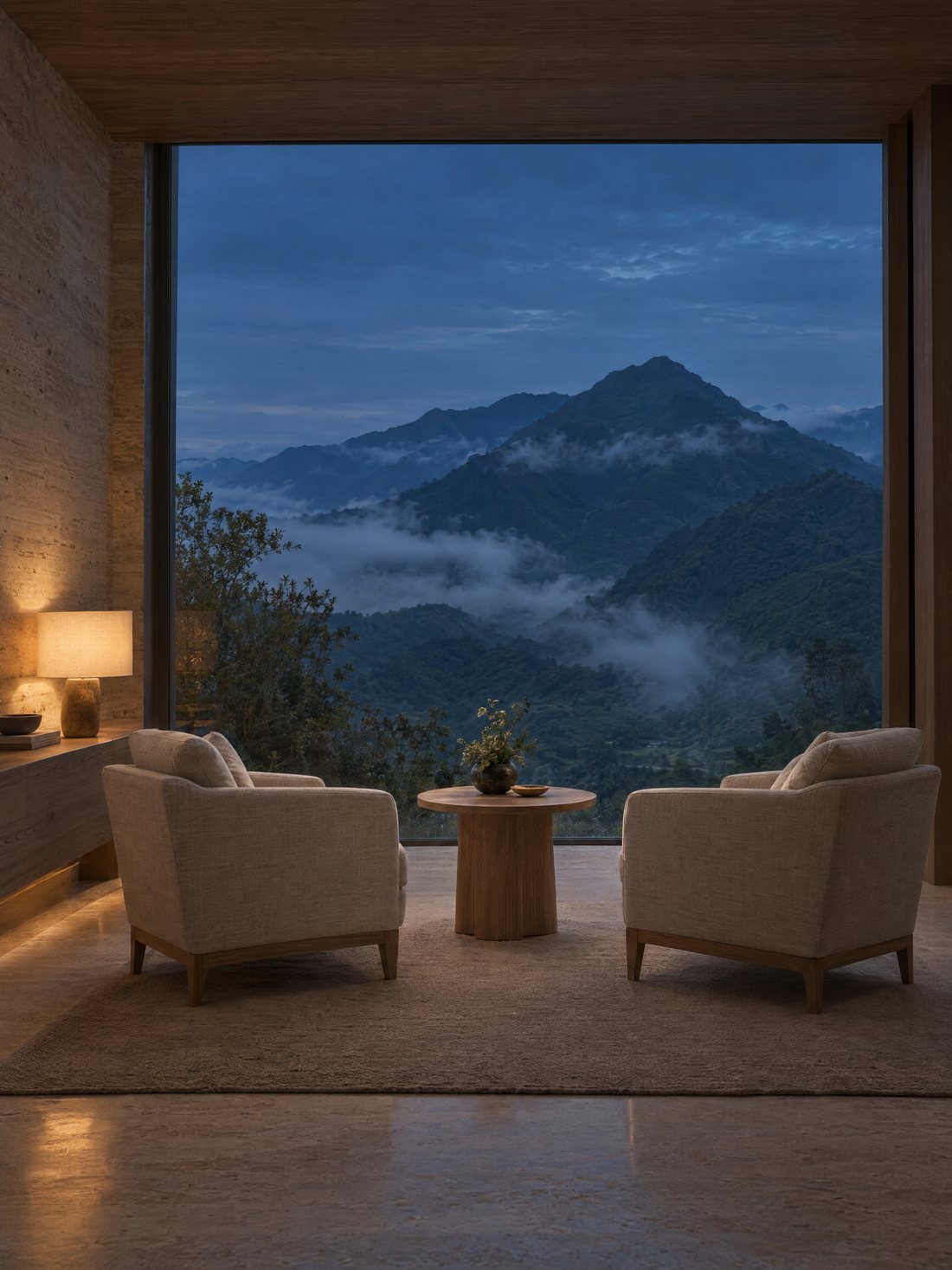 Sala de consulta con sillones de lino y ventanal hacia montañas con niebla