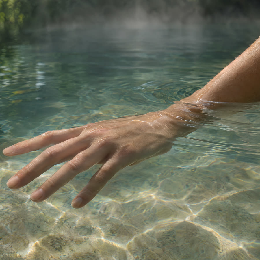Mano que descansa bajo la superficie de agua mineral clara