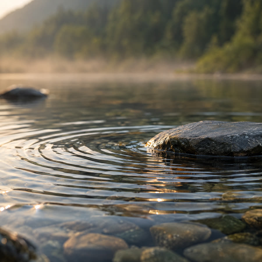 Ondas suaves en agua quieta sobre piedras de río
